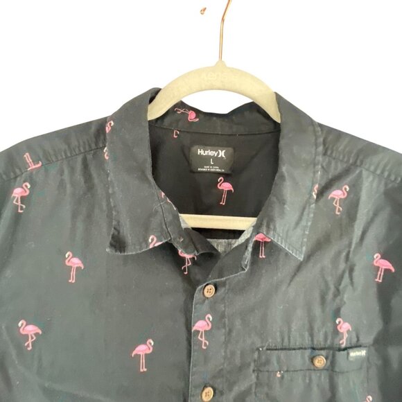 Hurley Black Button-Up Shirt Pink Flamingo Print Short Sleeves Casual Vacation L - Picture 11 of 12